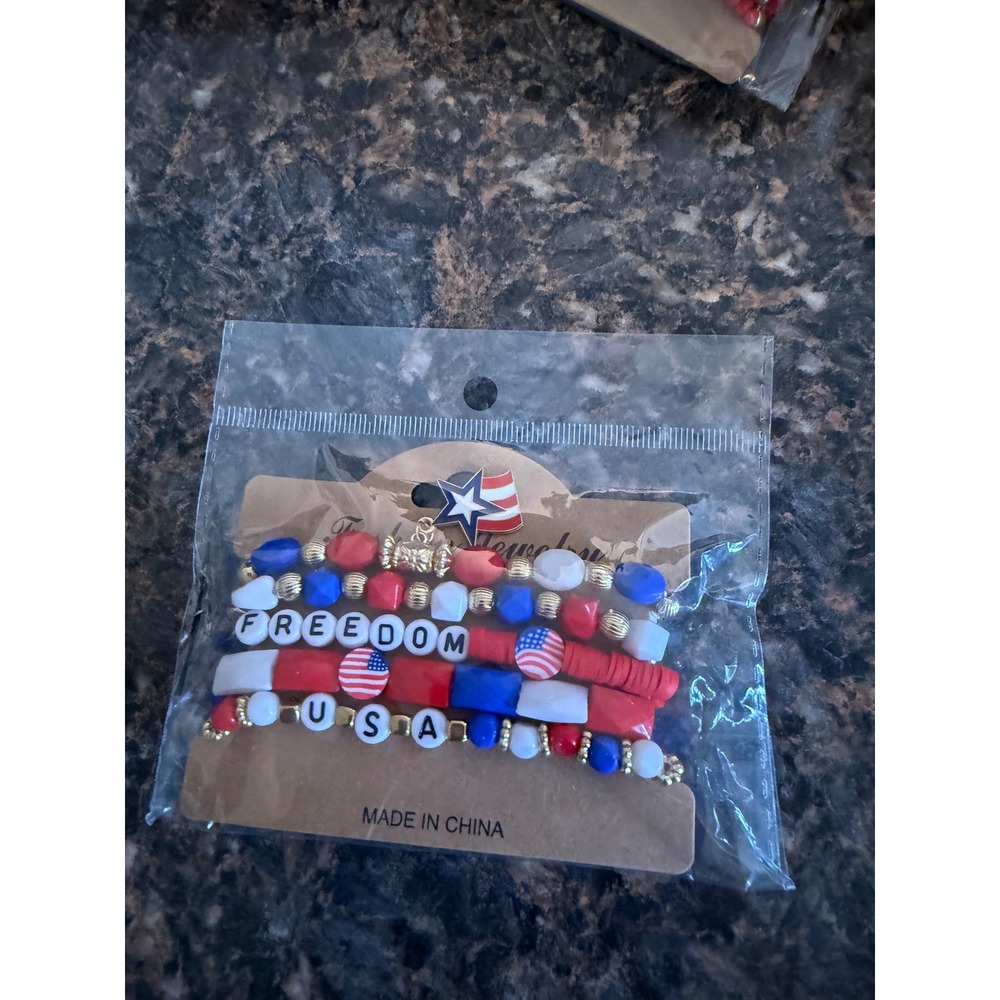 Patriotic USA Freedom Beaded Stretch Bracelet Set Red White Blue 5 Piece Stack